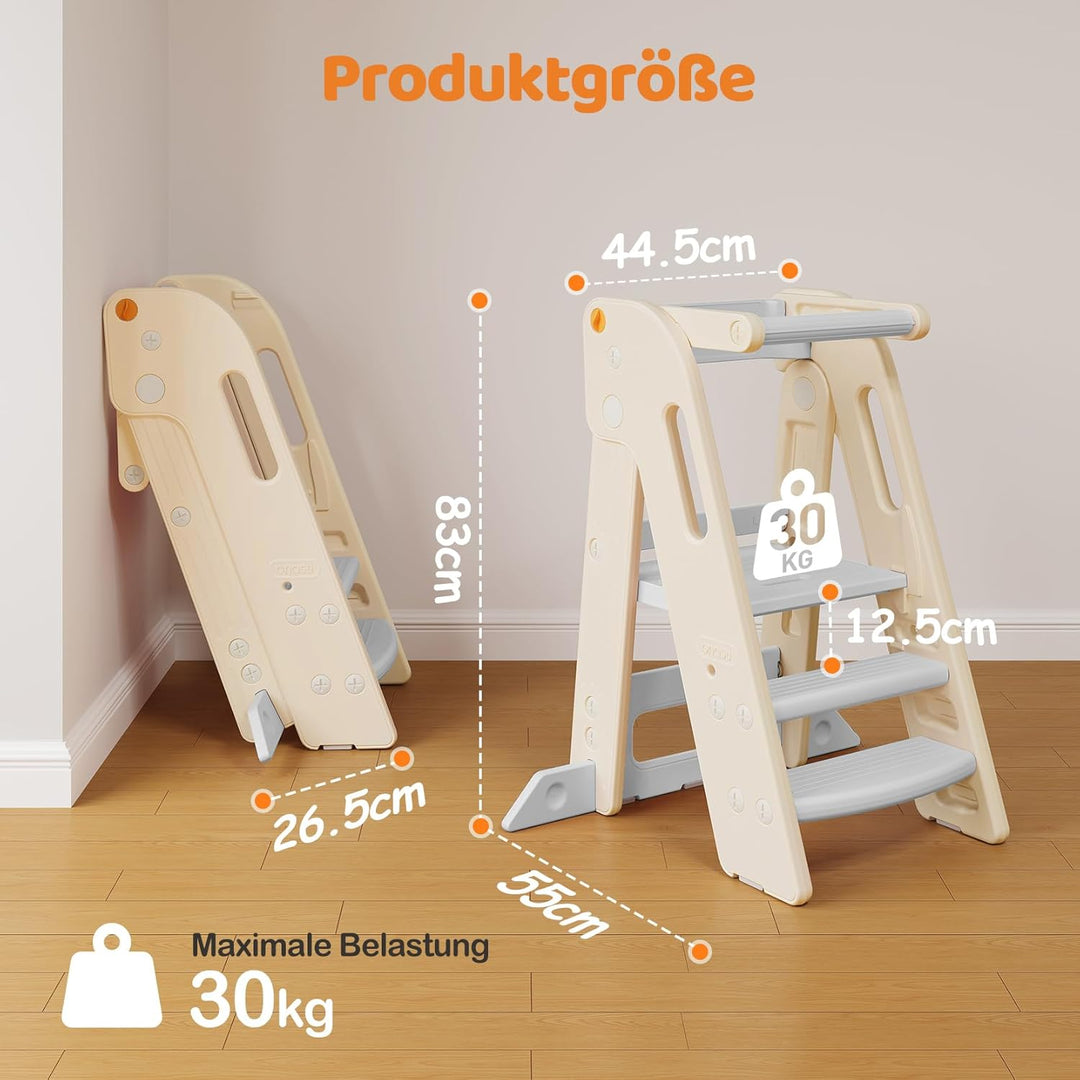 Lernturm für Kinder mit Sicherheitsgeländer, Lernturm Klappbar, Höhenverstellbar, Learning Tower mit