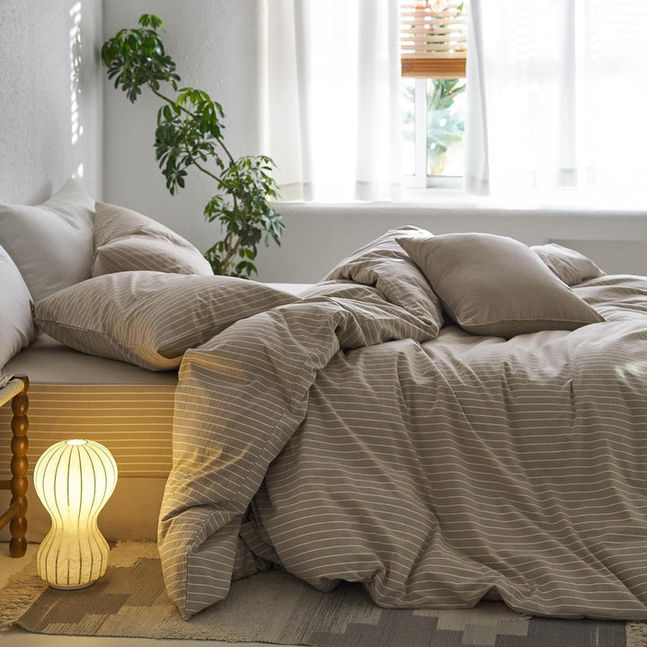 Sedefen Bettwäsche 200x220 cm Baumwolle Khaki Taupe Gestreift Baumwollbettwäsche Set,Renforce Bettbe