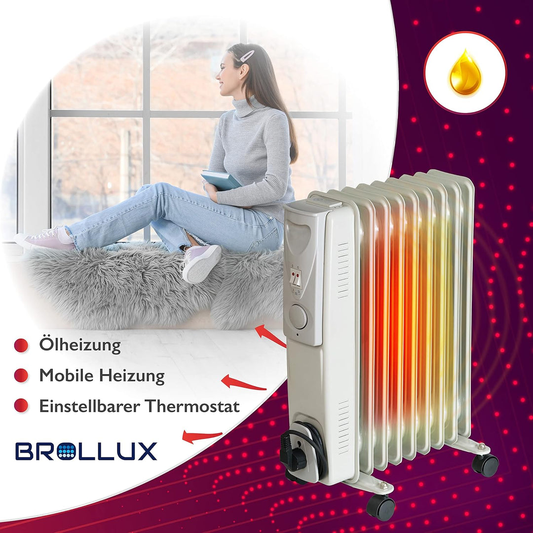 Brollux Ölheizung elektrisch 2000W OH-09 Ölradiator Elektroheizung 9 Lamellen mobiler Elektroheizkör