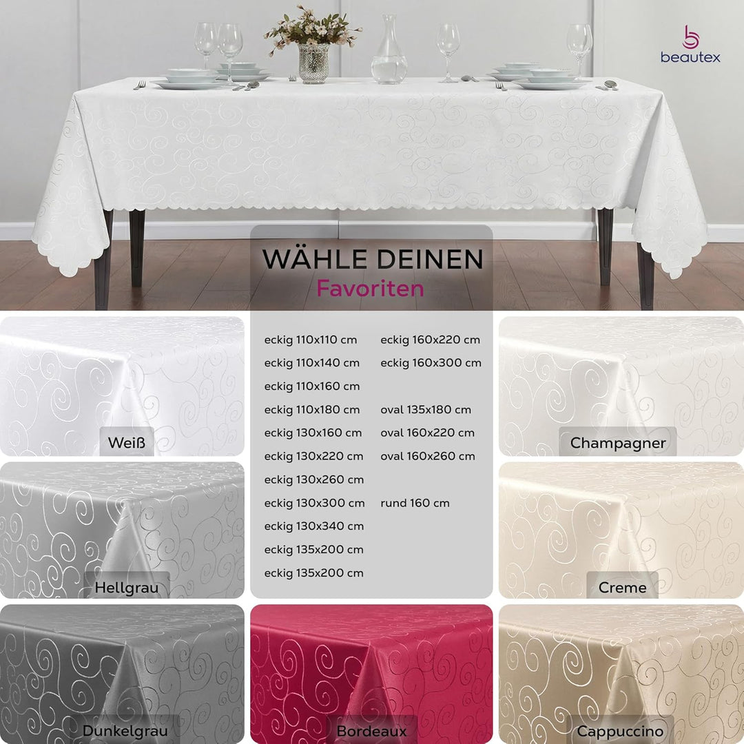 BEAUTEX Tischdecke Damast Ornamente - Bügelfreies Tischtuch - Fleckabweisende, Pflegeleichte Tischwä