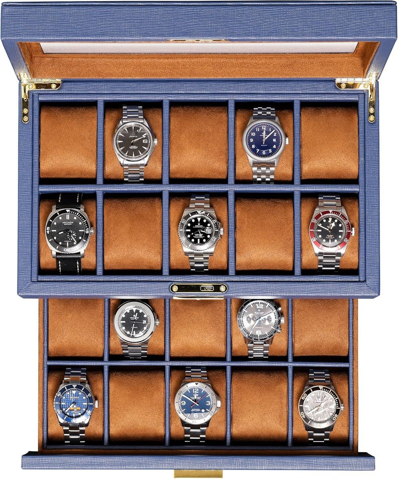 ROTHWELL Uhrenbox aus Leder mit 20 Fächern, luxuriöses Uhrengehäuse, Schmuck-Organizer, verschliessb