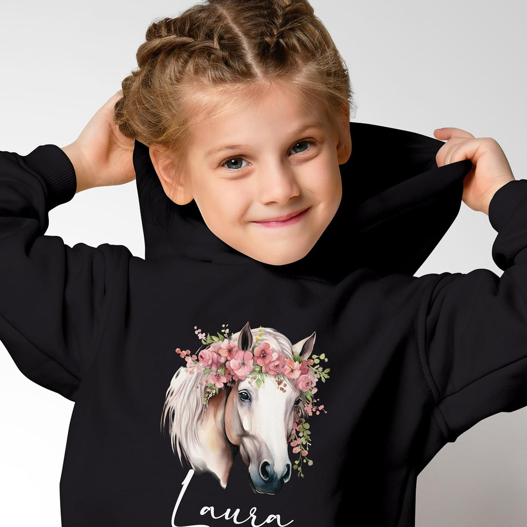 SpecialMe® Kinder Hoodie Mädchen Pferdekopf mit Blumen Mädchengeschenke Pferde Print Aufdruck Pferd