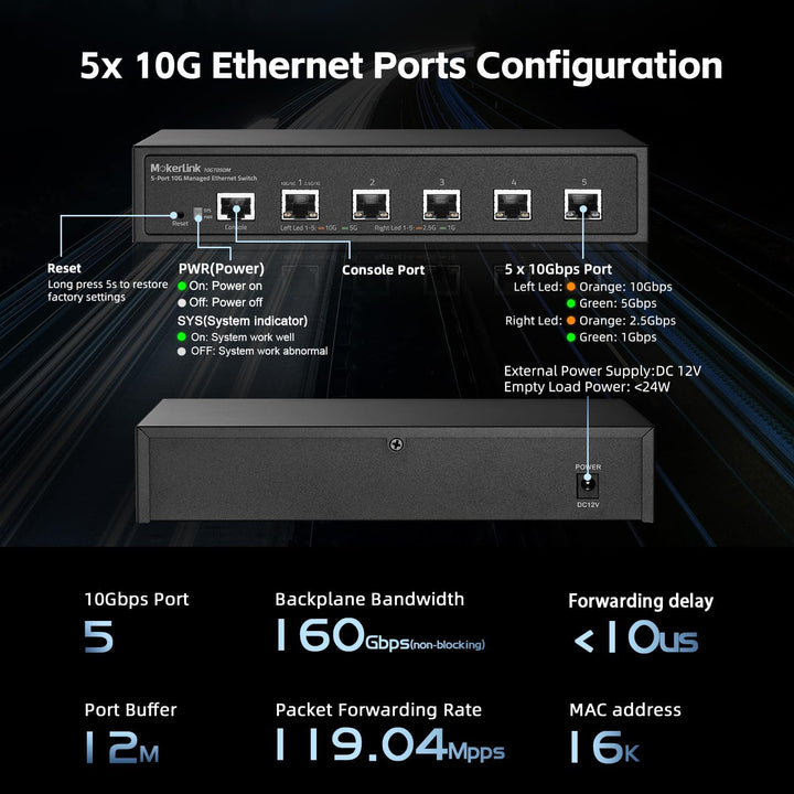 MokerLink 5-Port-10G-Managed-Ethernet-Switch, 10G/5G/2,5G/1G autoadaptiv, L3 Web/CLI-verwaltet, Meta