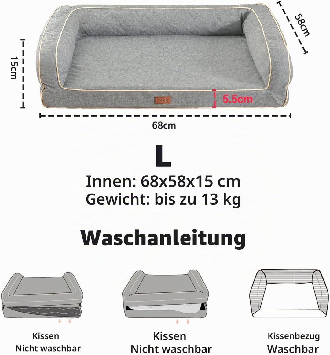 EMME Hundebett Mittelgrosse Hunde, 91X71X23cm, Orthopädisches Hundebett, Memory Foam Hundesofa Wasse