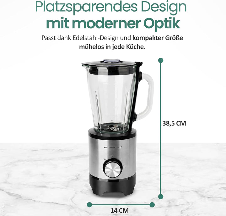 EMERIO Standmixer mit 1.5L Glasbehälter | BPA frei | Crush Ice Funktion | 2 Geschwindigkeiten + Puls