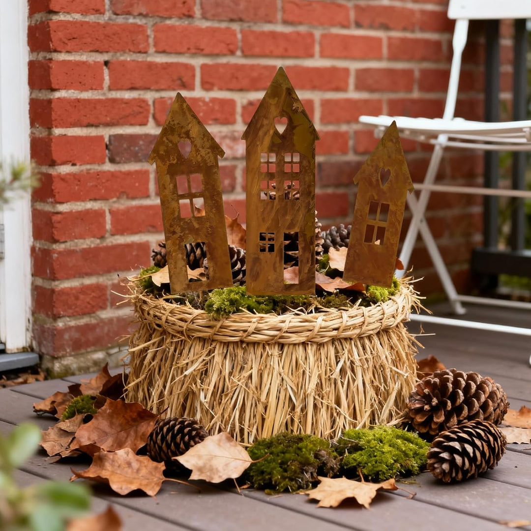 Gartenstecker Rost Häuser Deko 3er Set, Rost Deko für Garten und Blumentopf, Metall Haus Silhouette