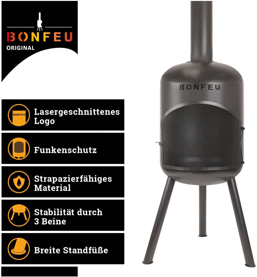 BonFeu BonBono Schwarz - Terrassenofen - Feuerstelle mit Funkenschutz für entspannte Abende - Feuers