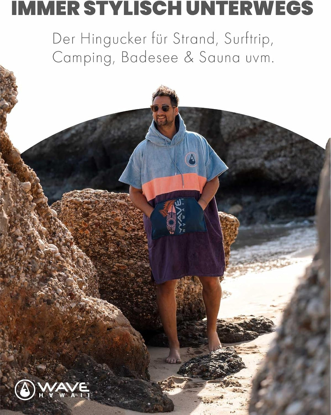 WAVE HAWAII Barravento Surfponcho für Körpergrössen 160-190 cm Poncho 100% ÖKO Baumwolle Velours Umk