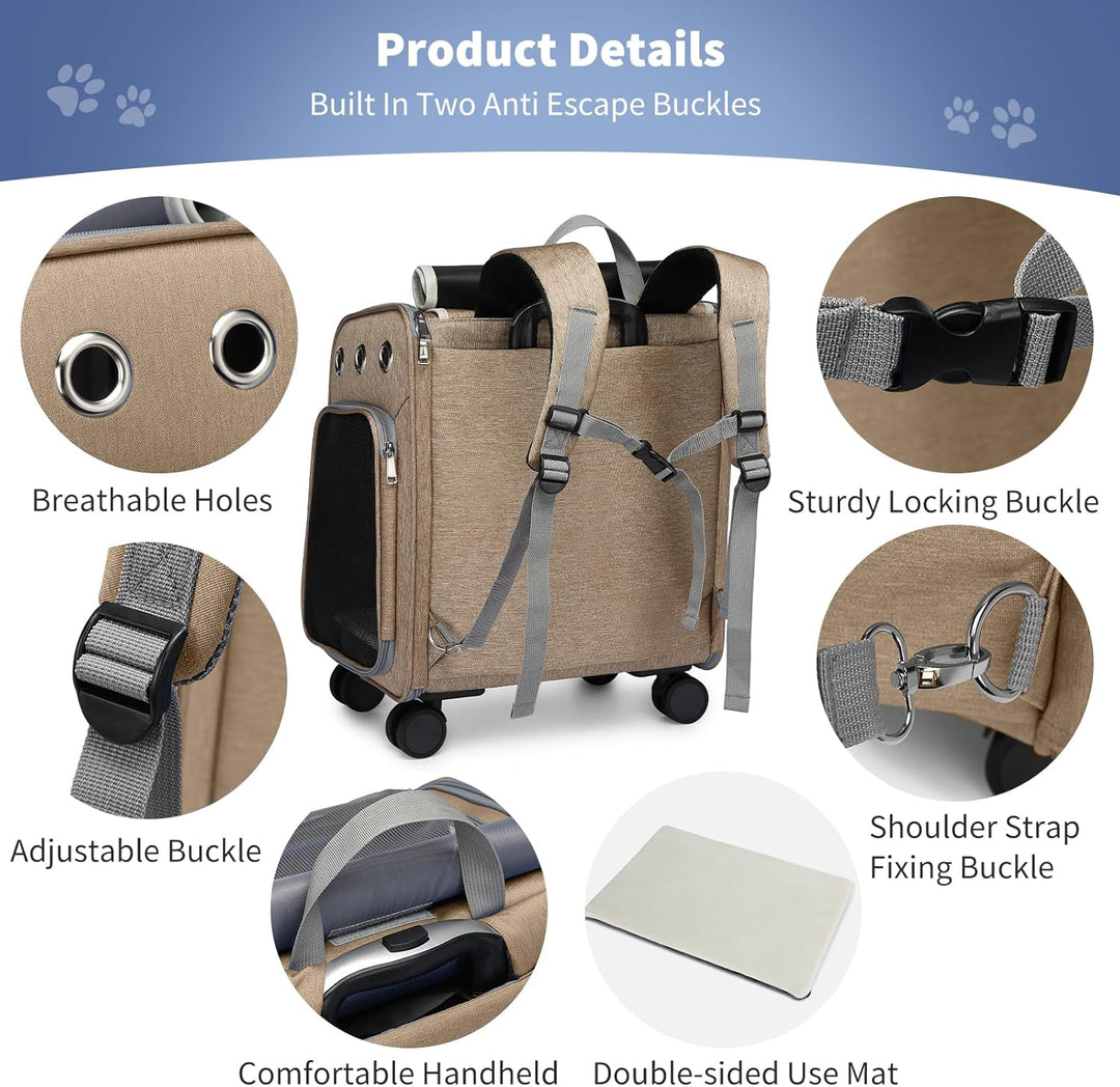 PETCUTE Katzenrucksack Hunderucksack mit Trolley 2 in 1 bis 11 kg,Faltbarer Hundetrolley mit 4 Räder