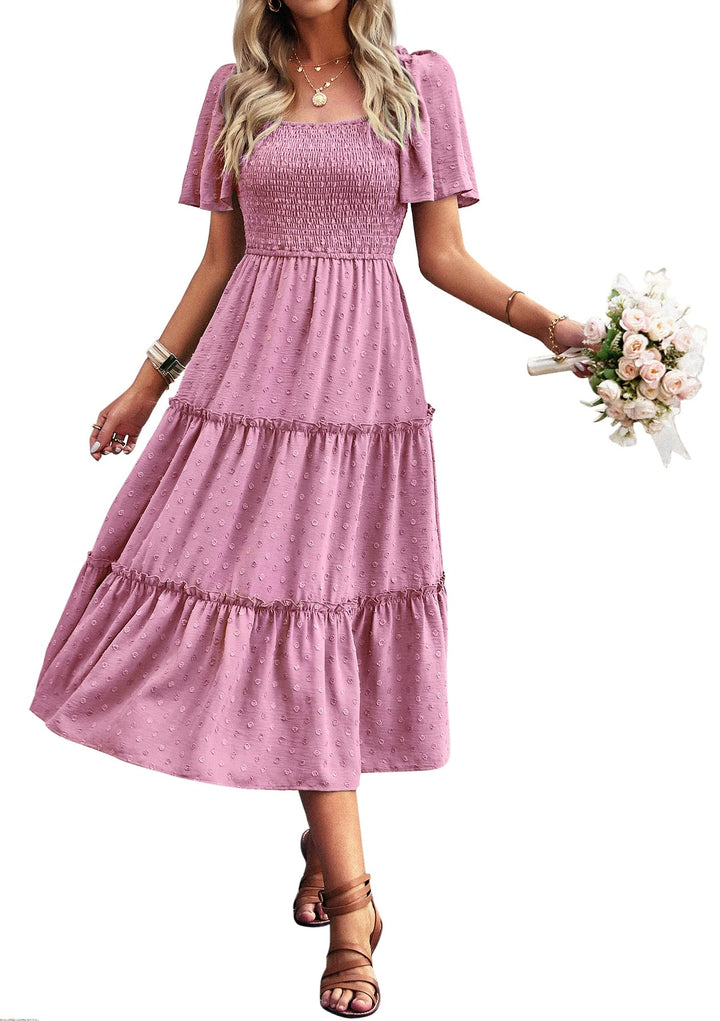Damen Smocked Midi Kleid Kurzarm U-Ausschnitt Sommerkleid A-Linie Maxikleid Cocktail L Rosa Lila, L