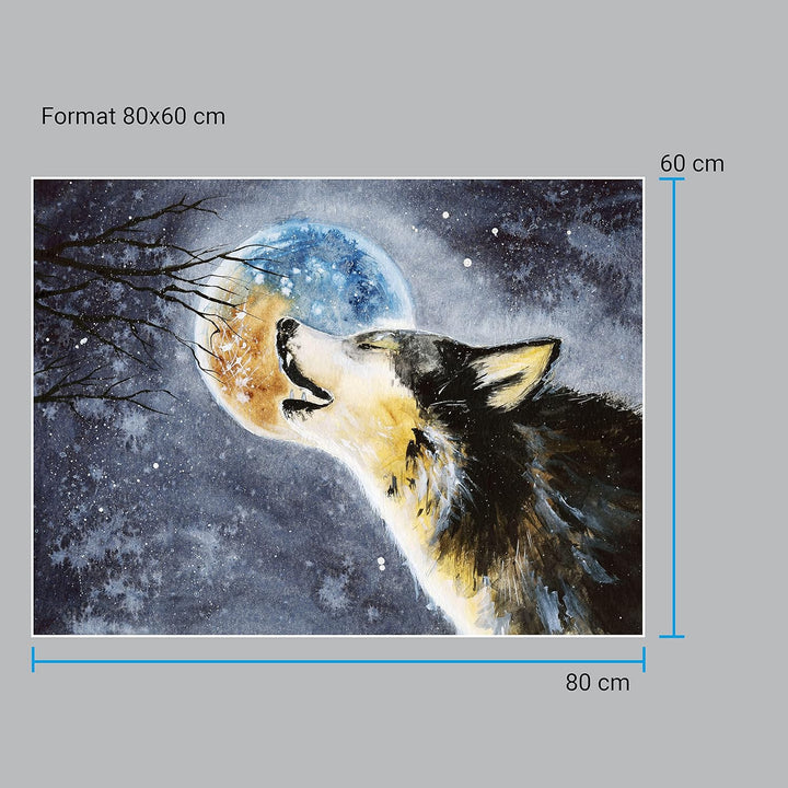 wandmotiv24 Poster als Wanddeko, Grösse 80x60cm, Heulender Wolf, Gemälde, Mond, Mitternacht, Tier, M