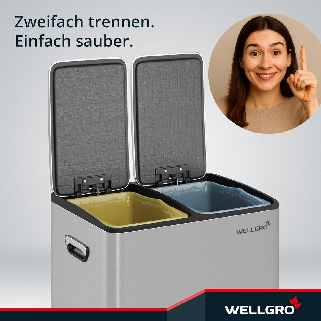 WELLGRO Mülleimer Küche 30 Liter – Edelstahl Treteimer 2x15 Liter silber mit Softclose-Deckel, Müllt