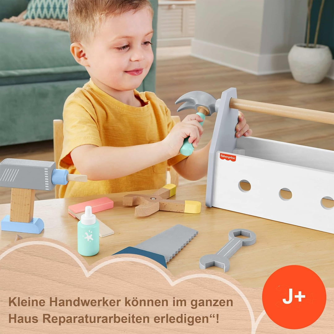 Fisher-Price Holz-Werkzeugkasten, Rollenspiel-Spielset mit Spielzeugbohrer, 9 Spielteile aus Holz fü