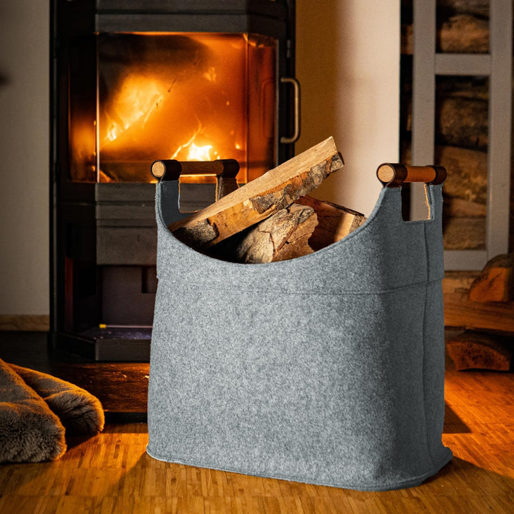 Filz Holzkorb für Kaminholz Gross [70 L] mit Echtholzhenkeln (Eiche) und Lederboden - Made in German