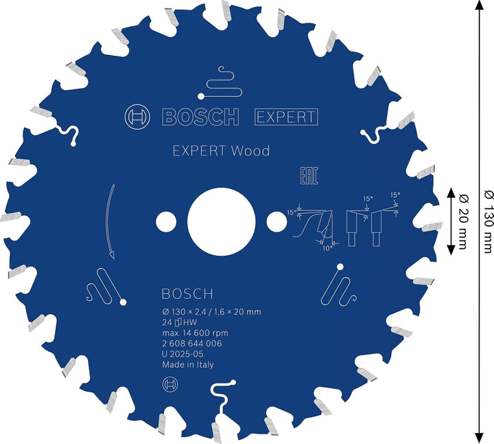 Bosch Professional 1x Kreissägeblatt Expert for Wood (Holz, Sägeblatt Ø 130 x 20 x 2,4 mm, 24 Zähne,