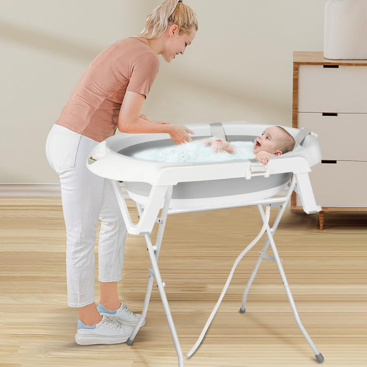 Faltbare Babybadewanne mit Stahlhalterung, ergonomisches Badewannenkissen und Ablaufschlauch – faltb