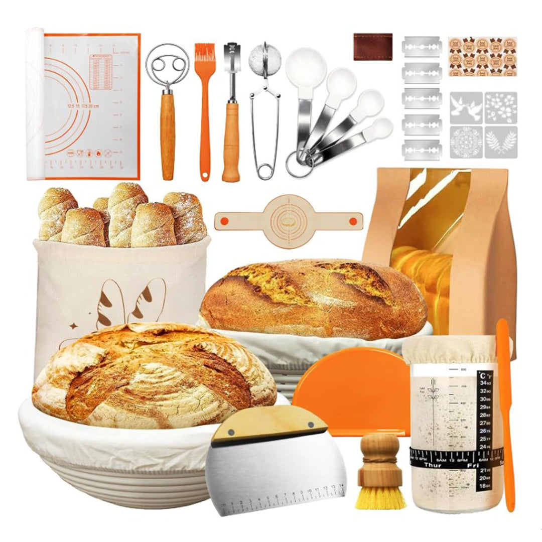 Sauerteig Starter Set Oval, Gärkörbchen Set aus Rattan mit Leinen-Einlage | Messlöffel, Brotbeutel,
