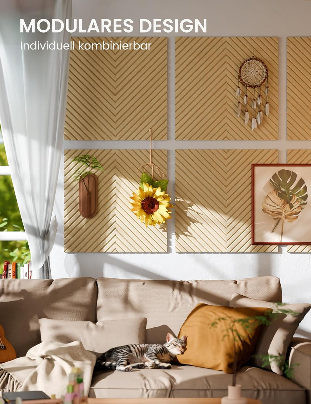Fluxynara Akustikpaneele 180×120 cm, 6er-Set, Eiche Natur/Pyramide | Schallabsorbierende Wandpaneele
