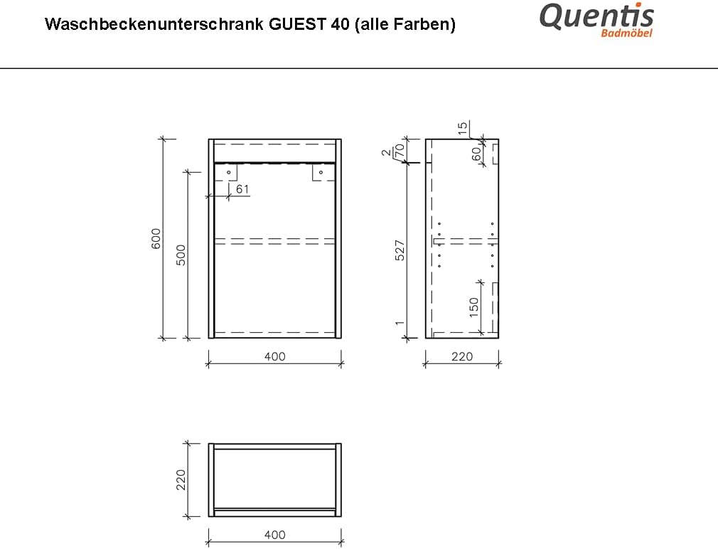 Quentis Badmöbel Gäste-WC Set Guest, Breite 40 cm, 1 Türe, Waschbeckenunterschrank montiert (Eiche N
