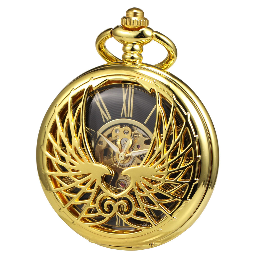 TREEWETO Unisex Taschenuhr mit Kette Analog Handaufzug Doppelscharnier Adler Skelett Römische Ziffer