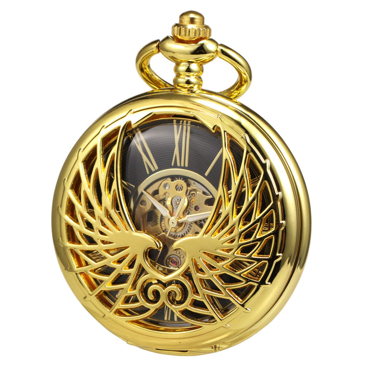 TREEWETO Unisex Taschenuhr mit Kette Analog Handaufzug Doppelscharnier Adler Skelett Römische Ziffer