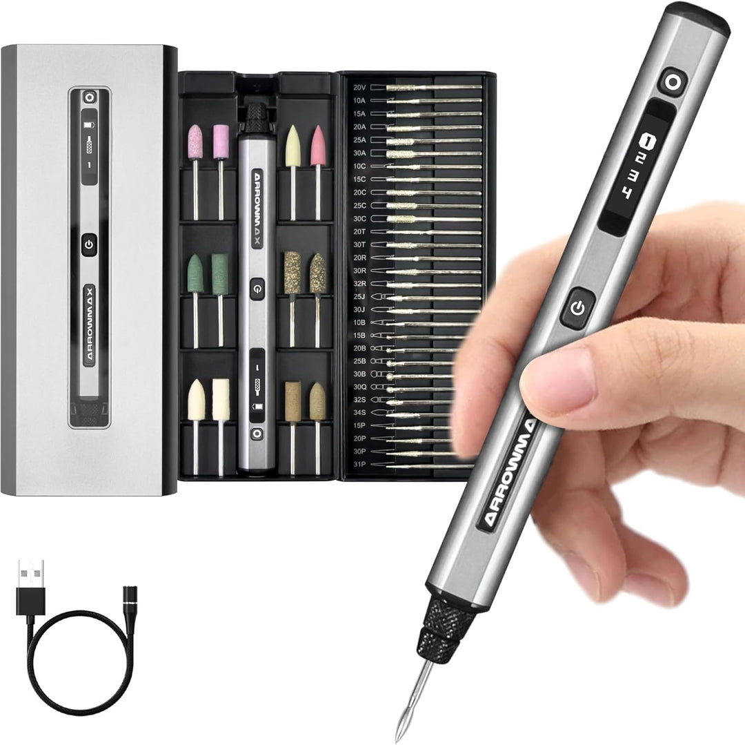 ARROWMAX Mini-Gravierstift, HollowCup-Motor, 42 Bits mit Aluminiumgehäuse, OLED, magnetische Ladung,