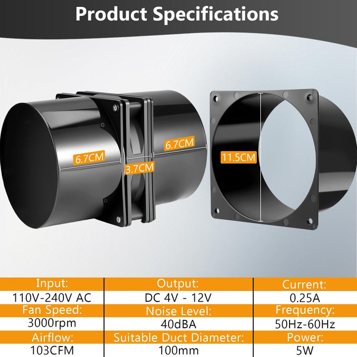 Rohrventilator 100mm - Abluftventilator mit Geschwindigkeitsregler für Küche, Bad, WC, Gewächshaus &