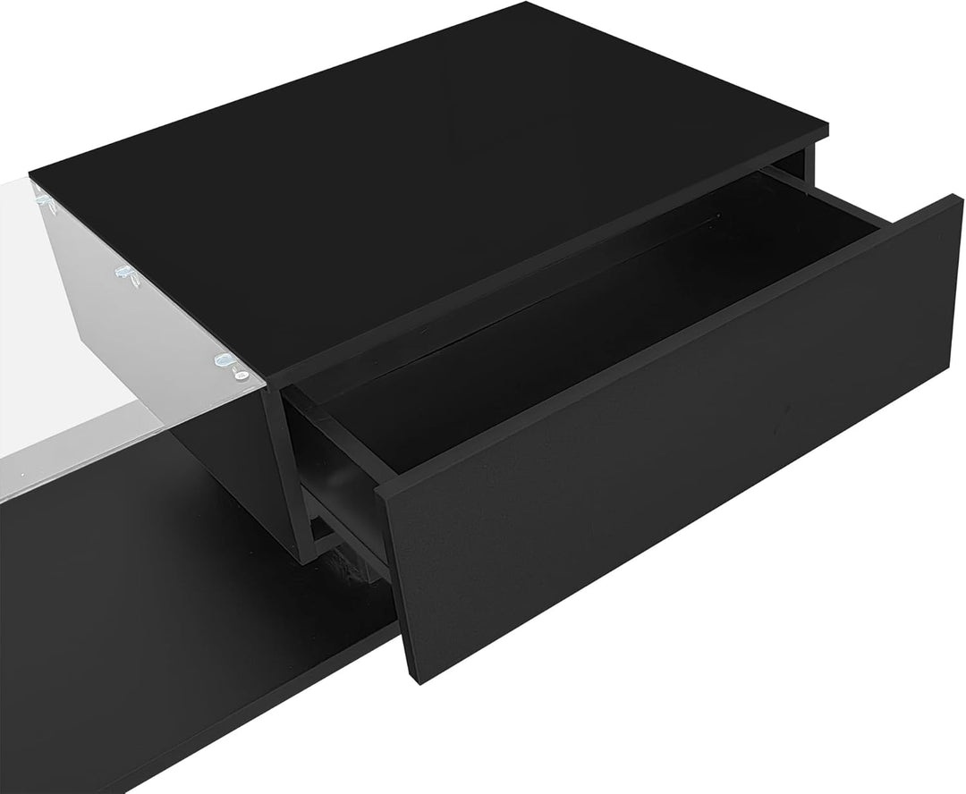 Merax Couchtisch Schwarz Hochglanz mit LED, Moderner Wohnzimmertisch mit Stauraum Schubladen, Glaspl