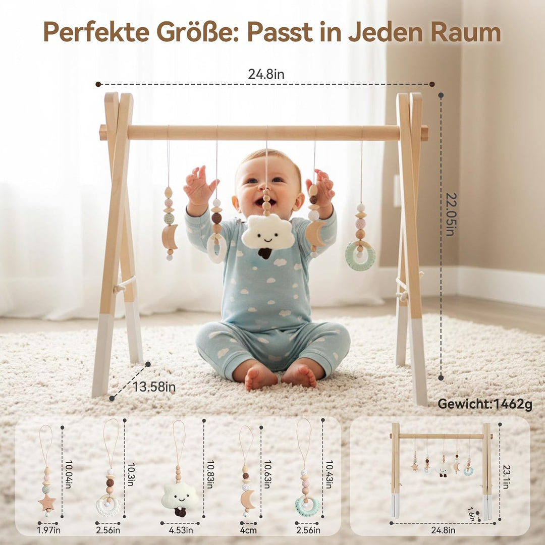 Spielbogen Baby Holz- Montessori Spielbogen mit 5 abnehmbaren Sensorischen Spielzeugen, Faltbar Baby