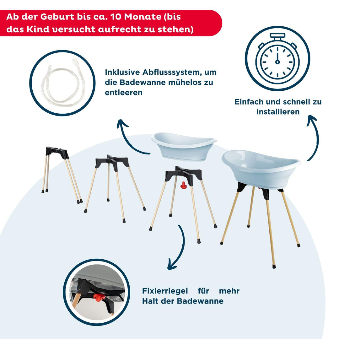 THERMOBABY - Babybadewannen-Set - Vasco - Badewanne, Ständer aus Holz & Abflussschlauch - Zusammenkl