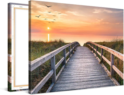 PICANOVA – Bild auf Leinwand Holzweg zum Meer 80x60cm – Leinwandbild – Premium Leinwanddruck – Wandb