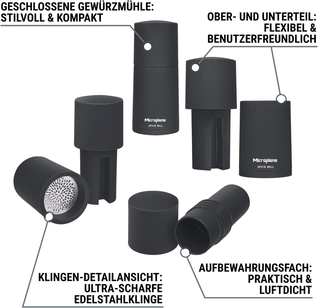 Microplane Gewürzmühle 2in1 – Anthrazit Grau | Manuelle Mühle mit rasiermesserscharfer Edelstahlklin