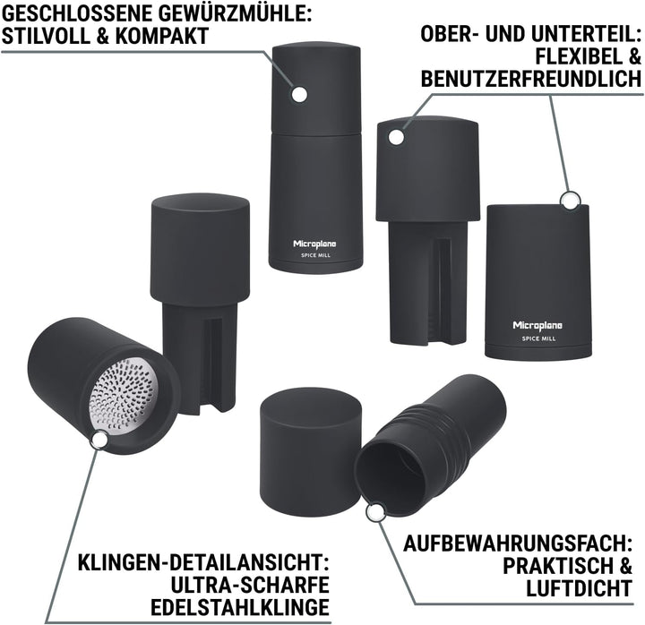 Microplane Gewürzmühle 2in1 – Anthrazit Grau | Manuelle Mühle mit rasiermesserscharfer Edelstahlklin