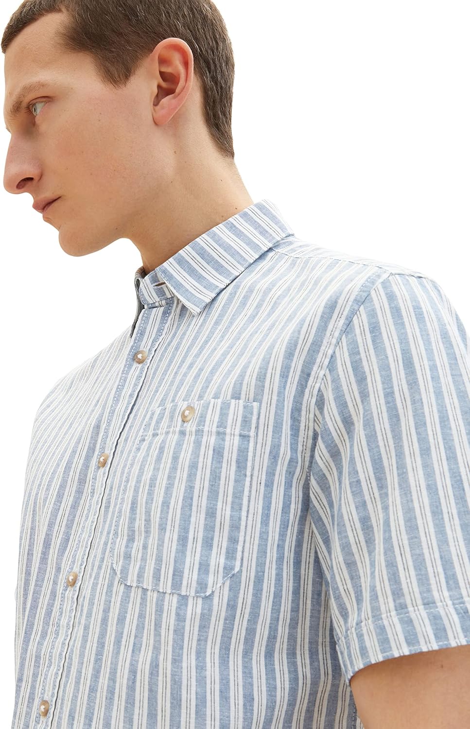 TOM TAILOR Herren Kurzarm-Hemd aus Leinen M 31243 - Blue Navy White Stripe, M 31243 - Blue Navy Whit