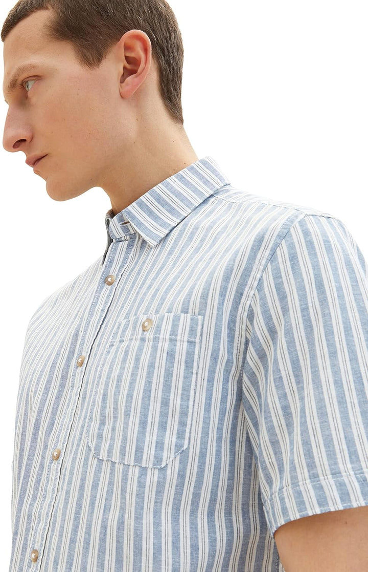 TOM TAILOR Herren Kurzarm-Hemd aus Leinen M 31243 - Blue Navy White Stripe, M 31243 - Blue Navy Whit
