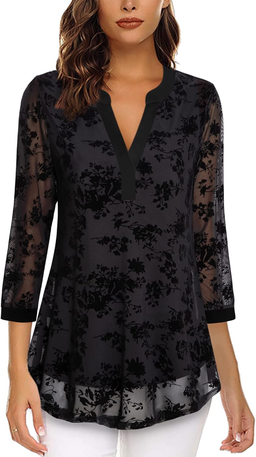 Vafoly Damen 3/4 Ärmel Oberteil Henley V-Ausschnitt Hemden doppellagig Mesh Bluse Tuniken L Beflockt