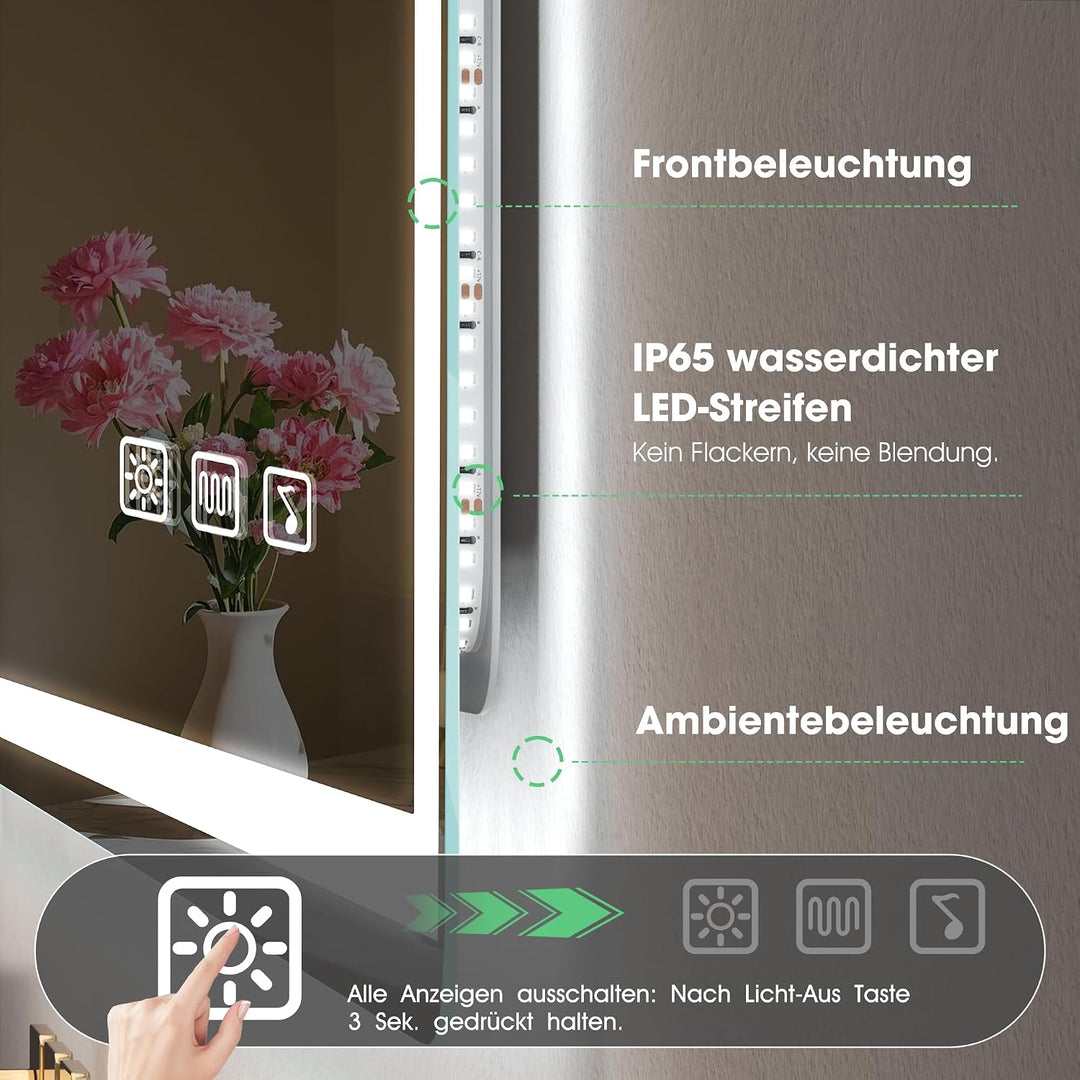 S'bagno Bluetooth Badezimmerspiegel mit Beleuchtung 100x70cm, Badspiegel mit Beleuchtung und 5fach-L