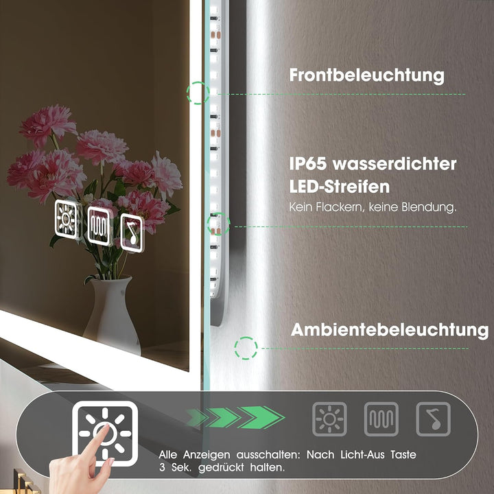 S'bagno Bluetooth Badezimmerspiegel mit Beleuchtung 80x60cm, Badspiegel mit Beleuchtung und 5fach-Lu