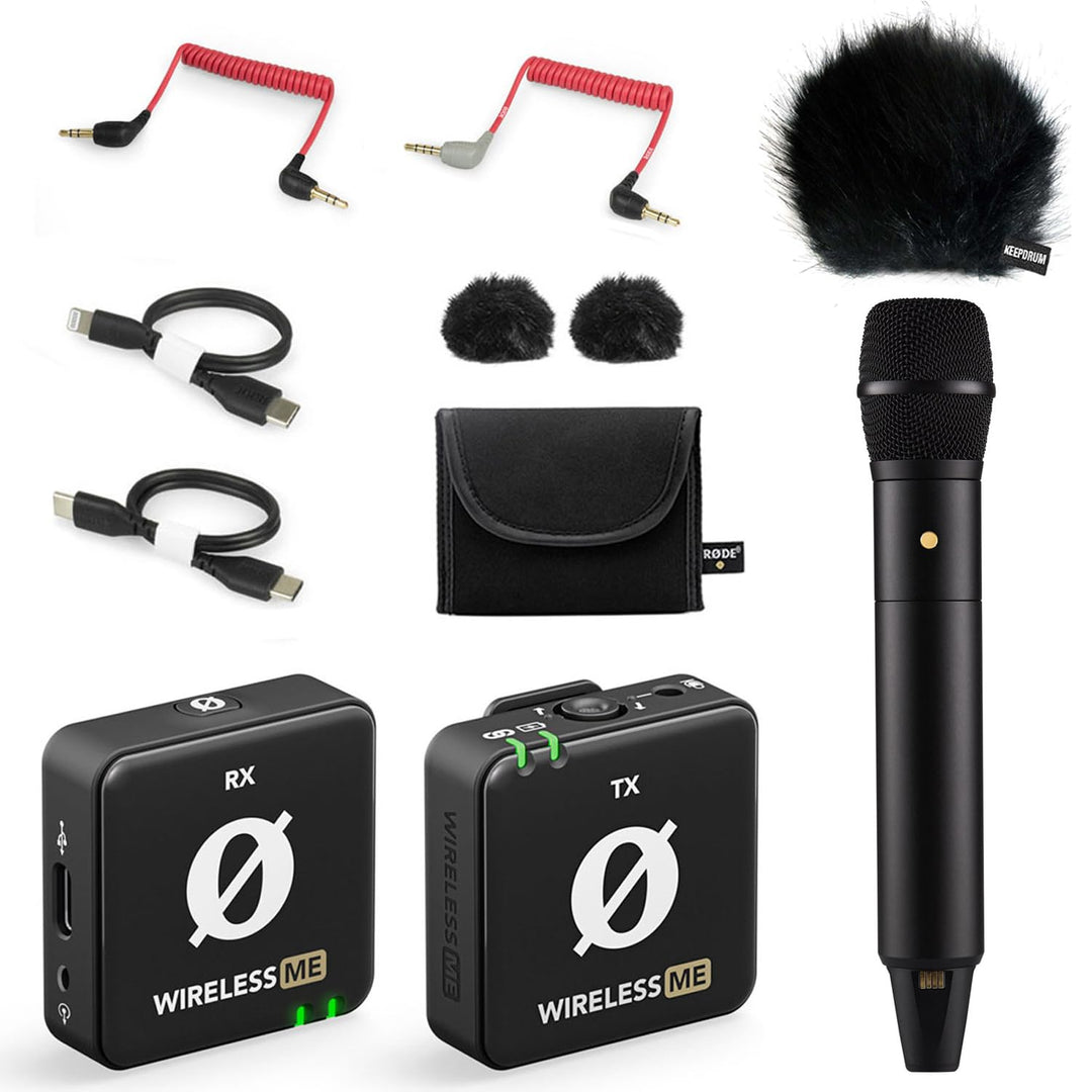 Rode Wireless ME digitales Drahtlos-Mikrofonsystem + Interview PRO Handmikrofon + keepdrum Fell-Wind