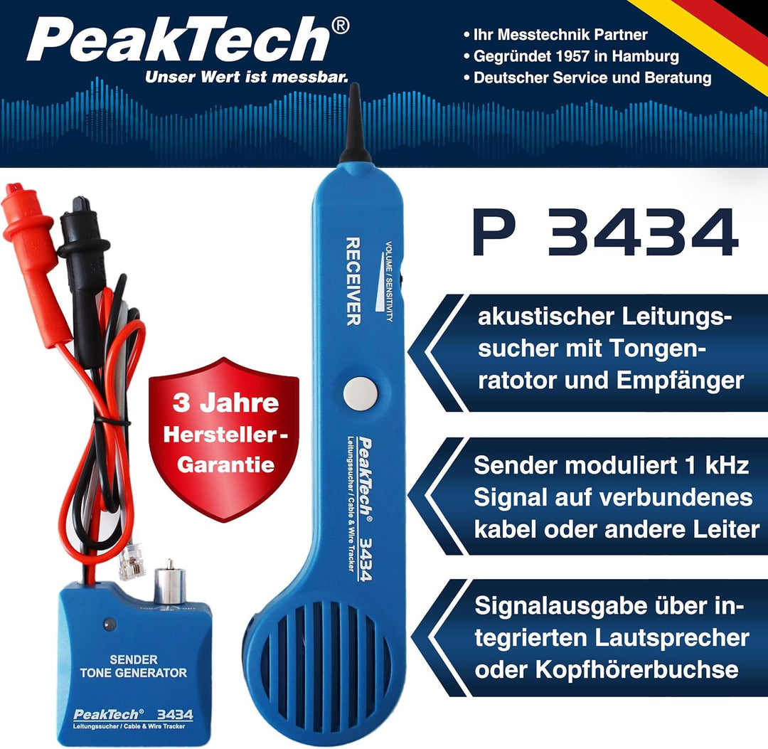 PeakTech 3434 – Leitungssucher für Leitungen und Telefonkabel mit Durchgangsprüfer und Tonsignal, Kr