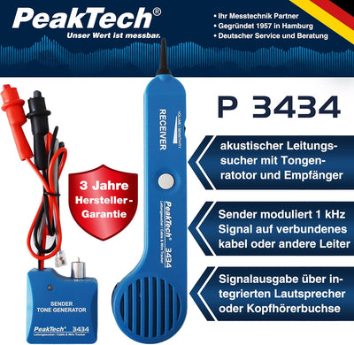 PeakTech 3434 – Leitungssucher für Leitungen und Telefonkabel mit Durchgangsprüfer und Tonsignal, Kr