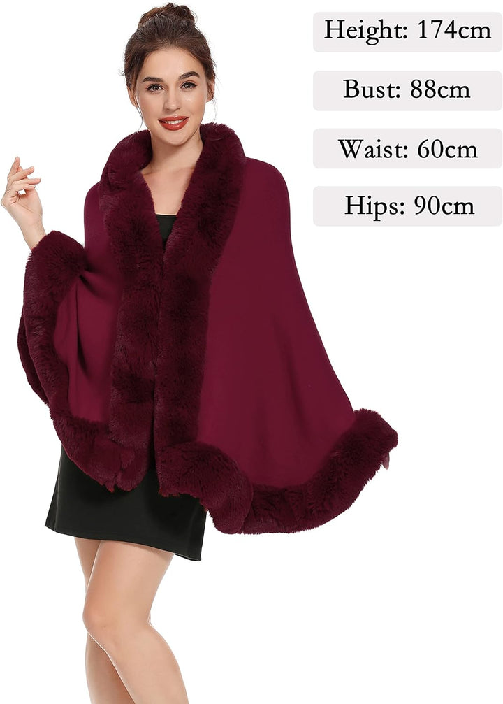 ZLYC Damen Winter Kunstpelz Poncho Cape Strick Schal Stola Warm Cardigan Burgund, Burgund