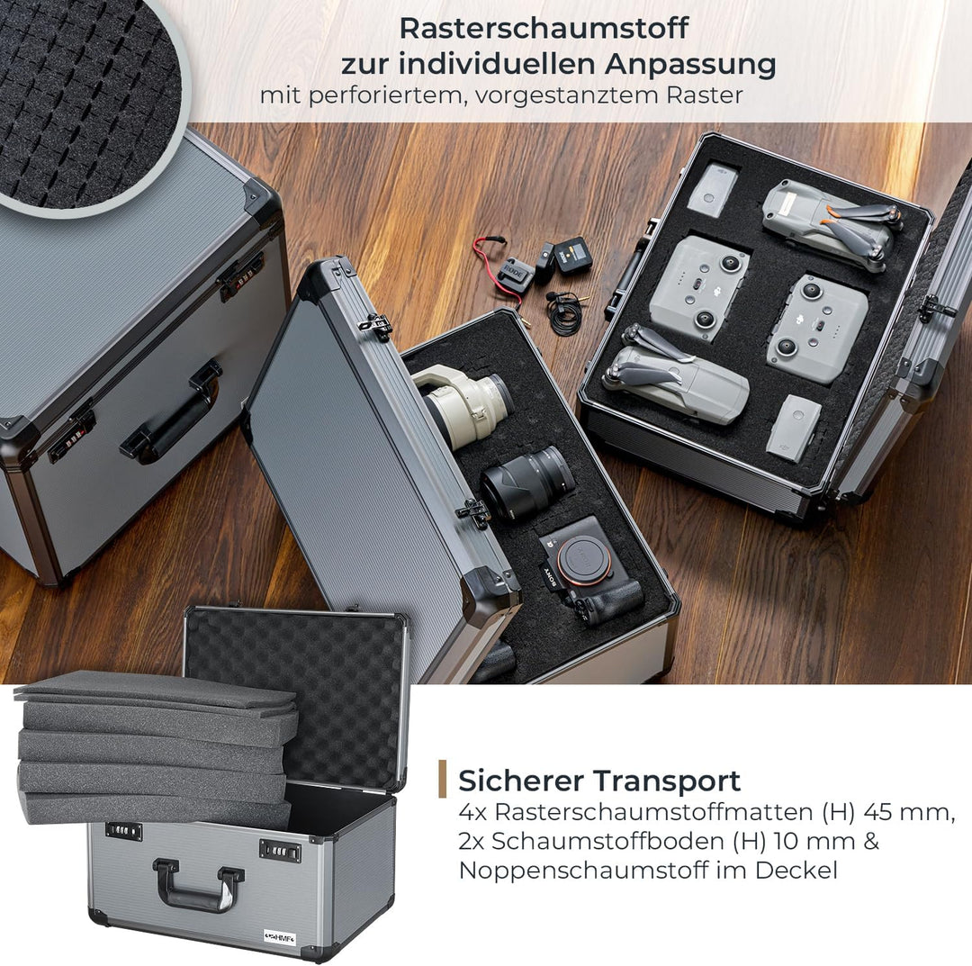 HMF 14412-02 Alu Fotokoffer, Miniaturenkoffer mit Rasterschaumstoff | 46 x 33 x 26 cm, 46 x 33 x 26