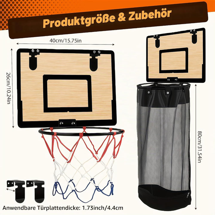 2-in-1 Basketballkorb Wäschekorb Hängender Mini Basketball Korb Tür Wäschesammler aus Holz mit Reiss