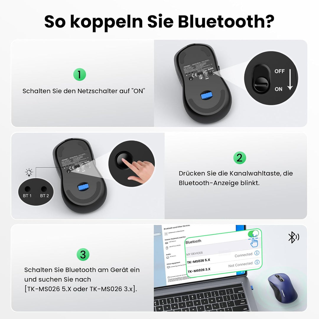 TECKNET Bluetooth Maus, PC Maus Kabellos, Wiederaufladbar Computer Maus 4800 DPI, (BT 5.0/3.0+2.4 GH