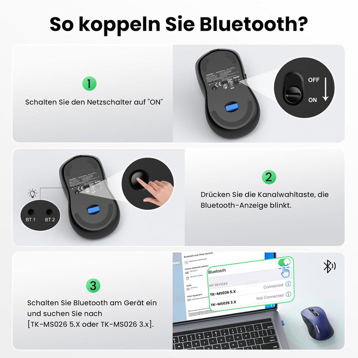 TECKNET Bluetooth Maus, PC Maus Kabellos, Wiederaufladbar Computer Maus 4800 DPI, (BT 5.0/3.0+2.4 GH
