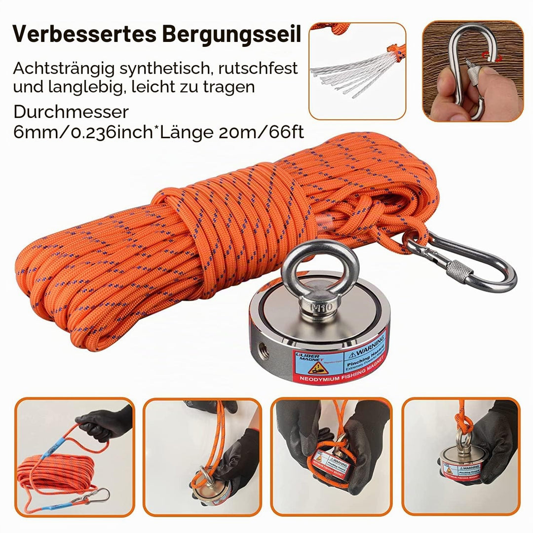 ULIBERMAGNET Super Starke Doppelseitige Angelmagnete, Neodym Magnet Angelset Starter Set 400kg N52 m