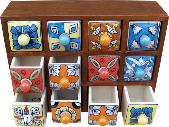 GURU SHOP Apothekerschränkchen mit Bunten Keramik Schubfächern, Gewürzkiste - 4x3 Fächer Modell 1, 2