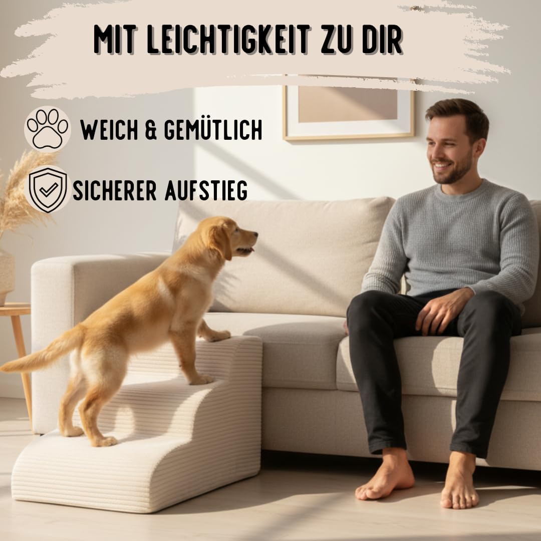 Hundetreppe Cord beige Hunderampe aus Schaumstoff - Katzentreppe - Tiertreppe - Haustiertreppe - Hun