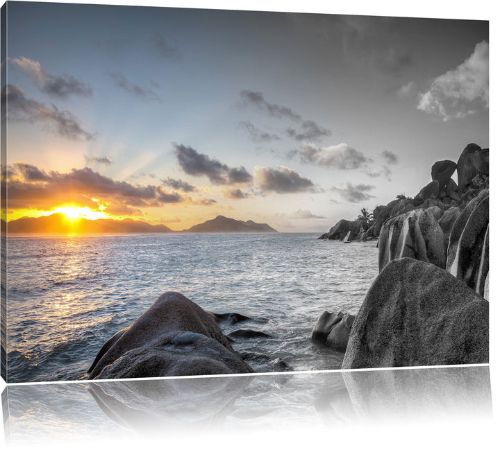 Pixxprint Sonnenuntergang Seychellen als Leinwandbild | Grösse: 100x70 cm | Wandbild | Kunstdruck |